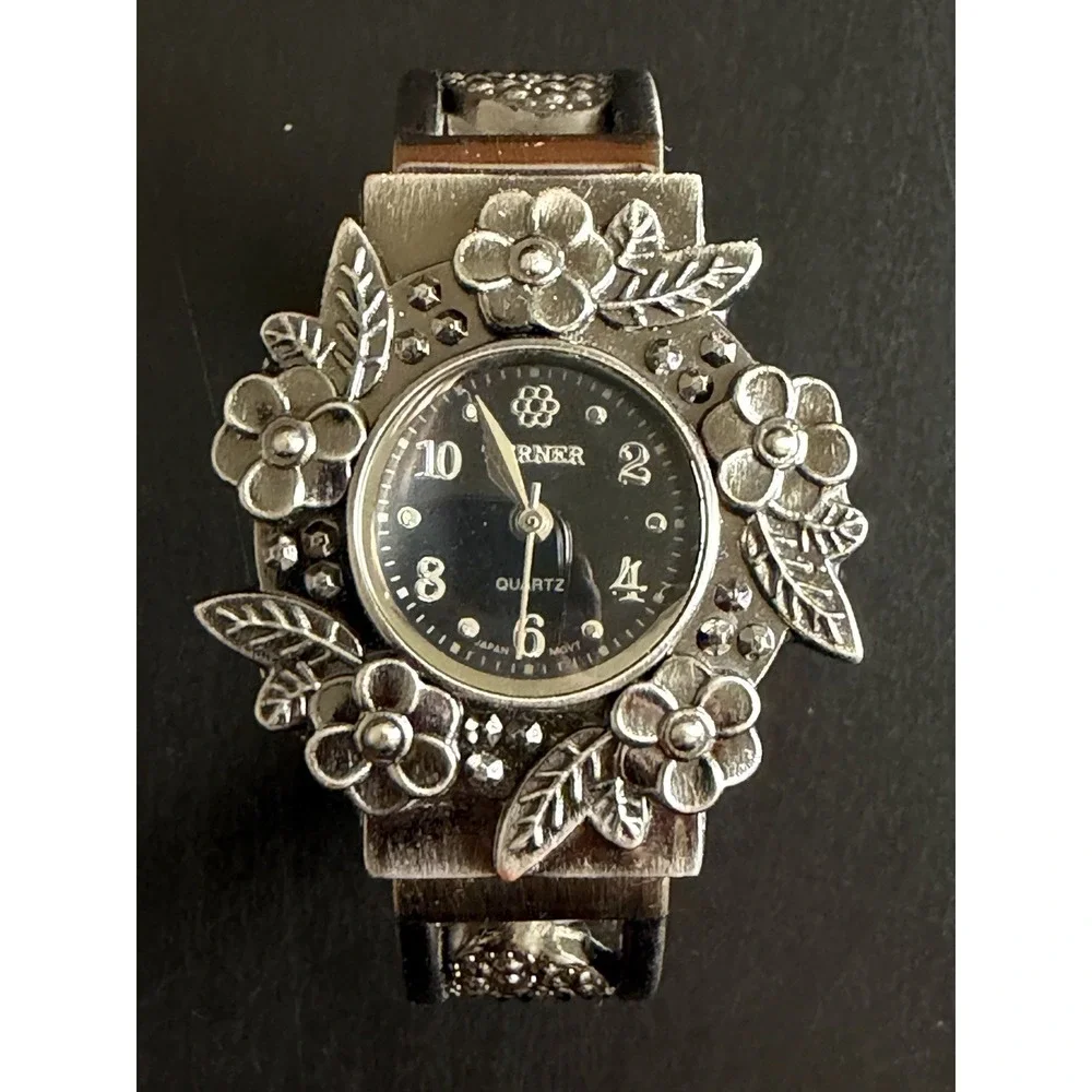 Bijoux Terner Watch Floral Gunmetal Gray Japan Movement Stretch‎ Band